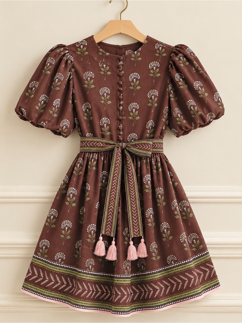 Darling! Puff Sleeve Tassel Sash Autumn Floral  Mini Dress L 10 12 Tuckernuck